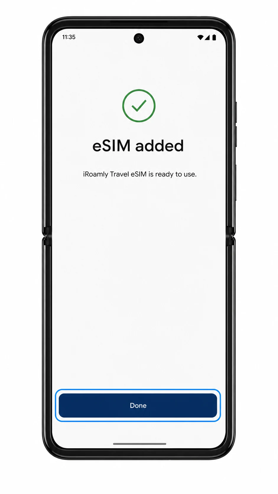 Motorola Razr+ 2025 eSIM downloaded screen showing Done highlighted