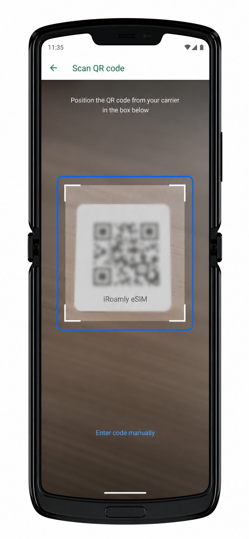 Motorola Razr 2019 Step 6: QR scanner open for iRoamly eSIM installation