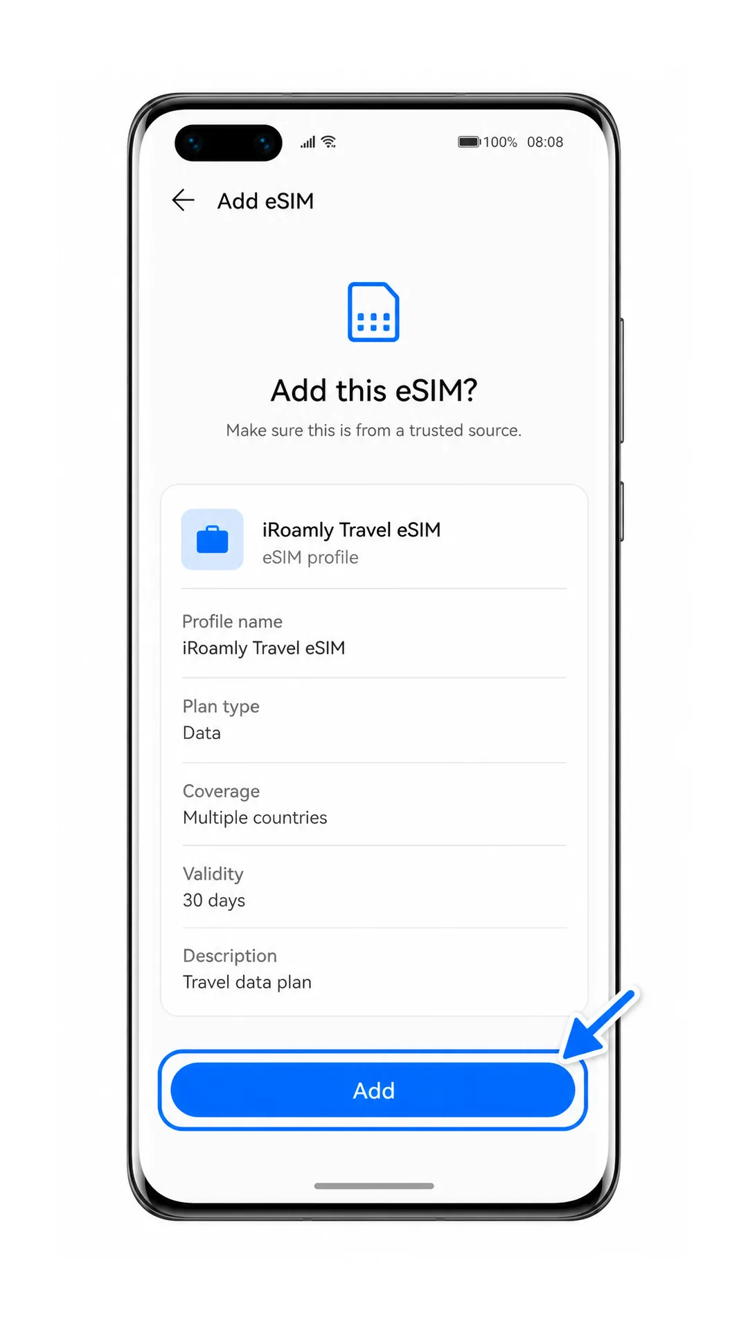 Huawei P40 Pro Add eSIM confirmation screen with Add highlighted