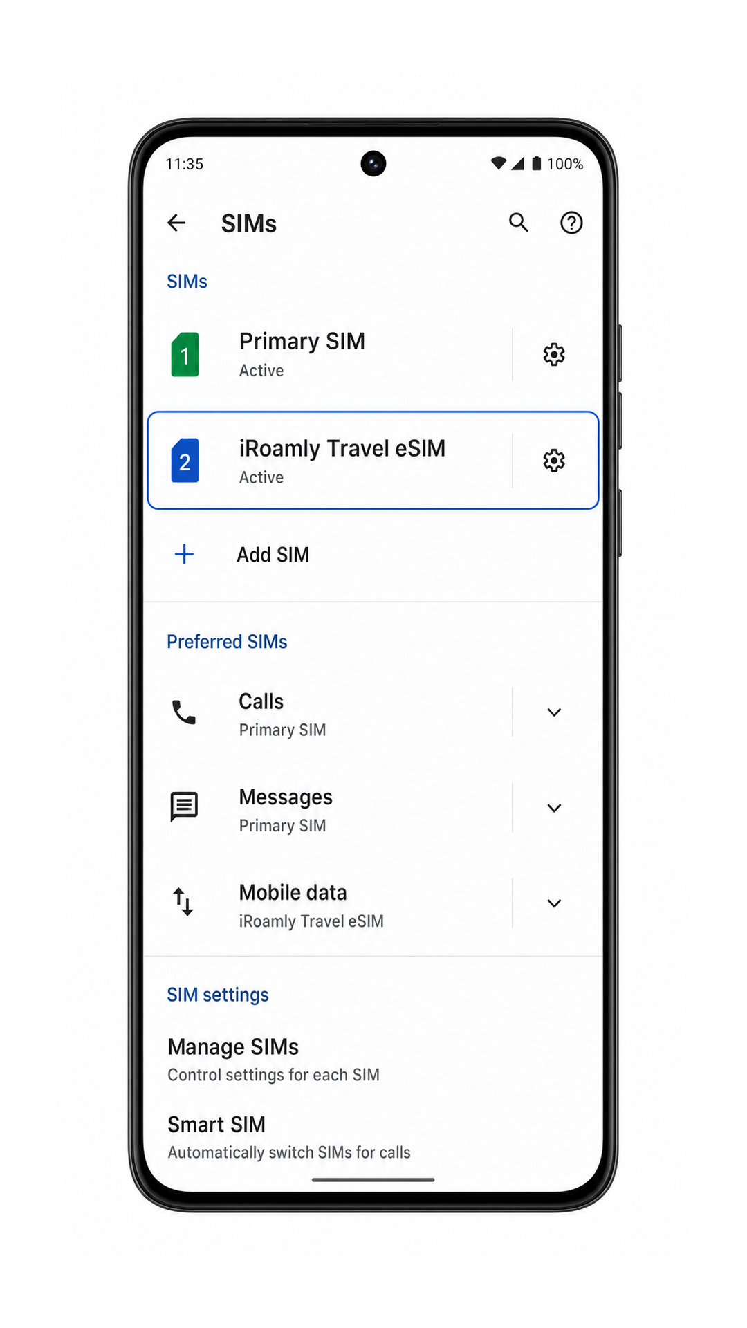 Moto G86 SIMs page showing iRoamly Travel eSIM installed