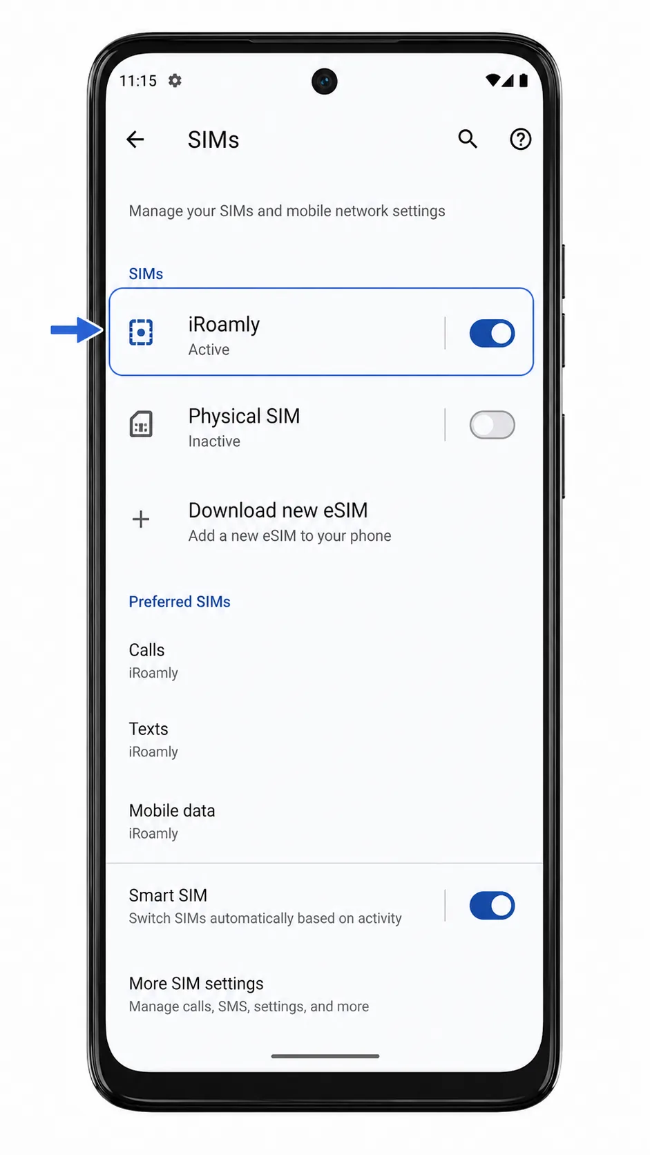 Moto G (2024) SIMs screen showing iRoamly eSIM installed and active