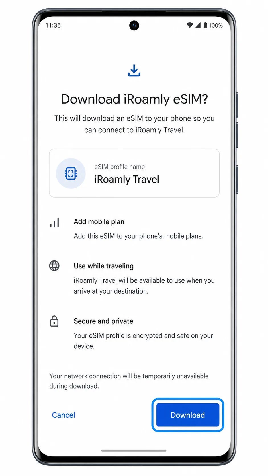 Moto G85 eSIM download screen showing the Download button for iRoamly Travel
