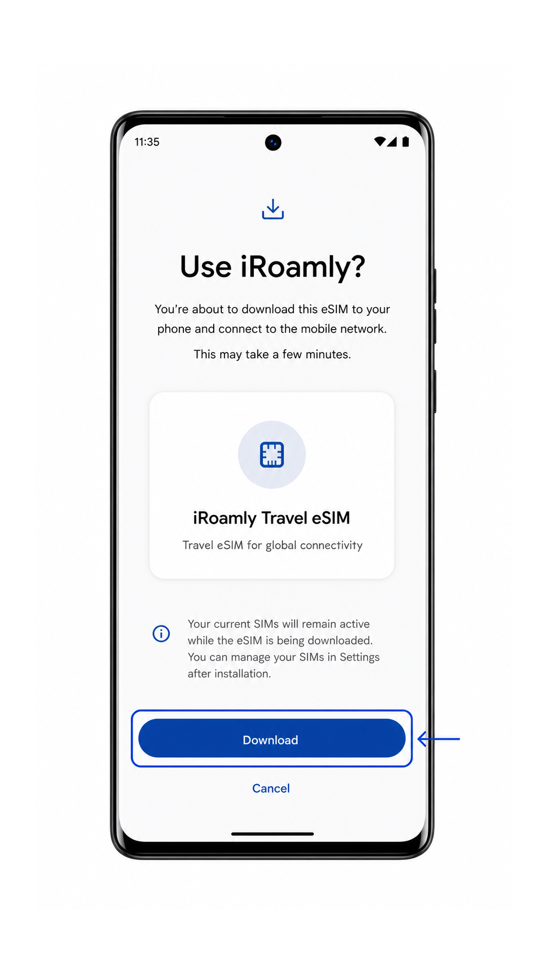 Motorola Edge 40 download screen for iRoamly Travel eSIM
