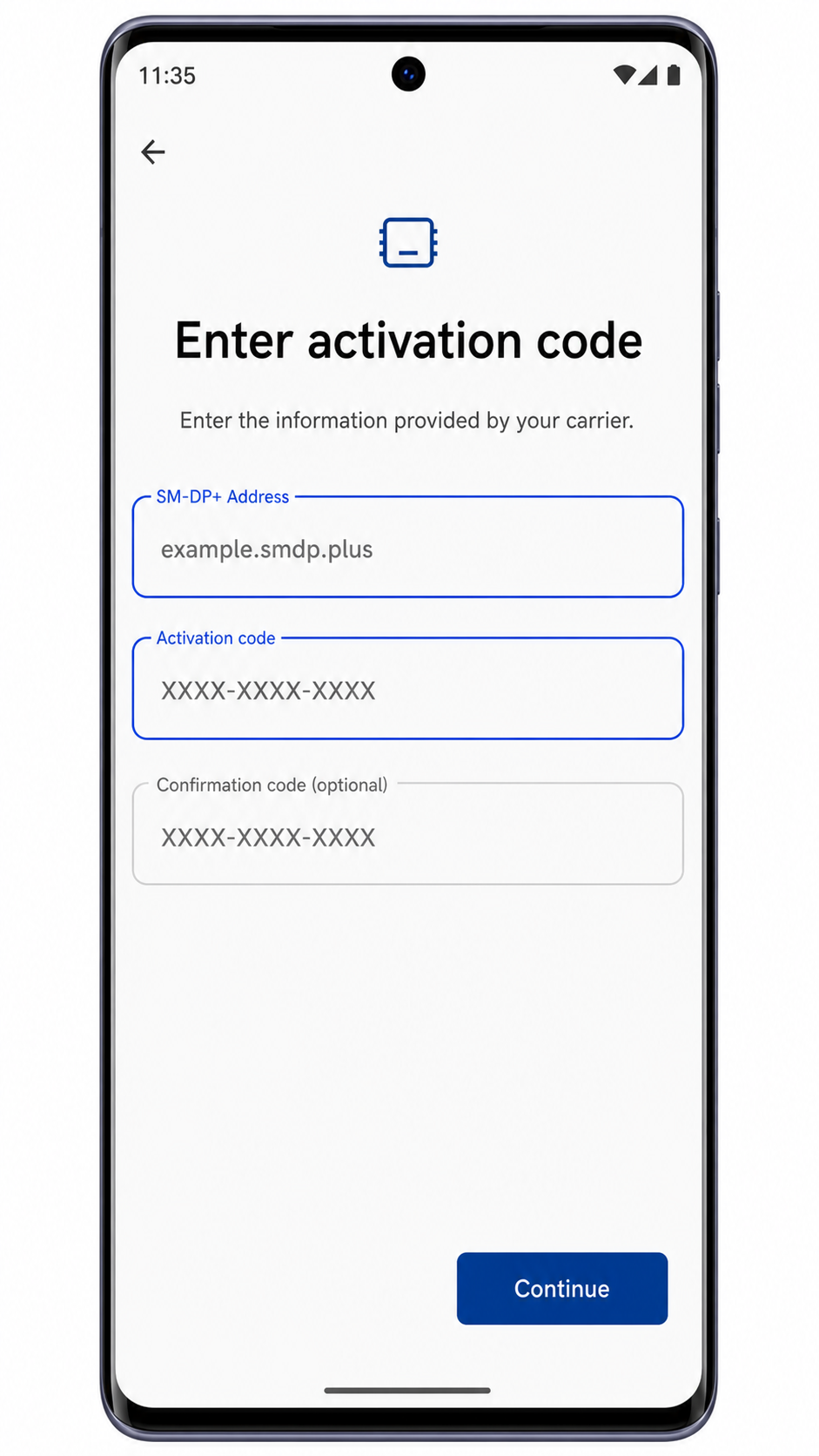 Motorola Edge 50 manual eSIM activation screen with SM-DP+ Address and Activation code fields