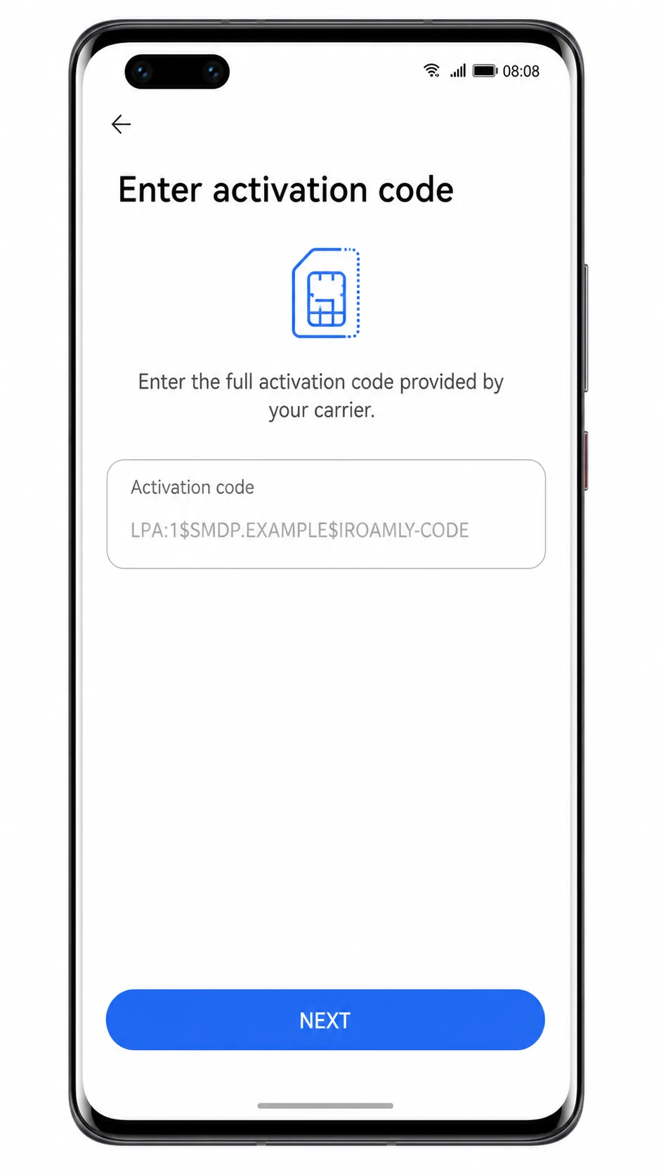 Huawei Mate 40 Pro manual eSIM entry screen with Activation code and NEXT highlighted