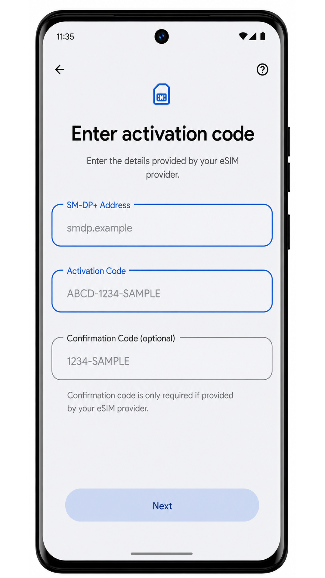 Motorola Edge 40 Neo manual eSIM entry screen showing SM-DP Address and Activation Code fields