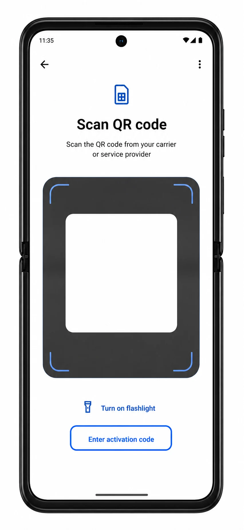 Motorola Razr+ 2025 QR setup screen showing Enter activation code highlighted