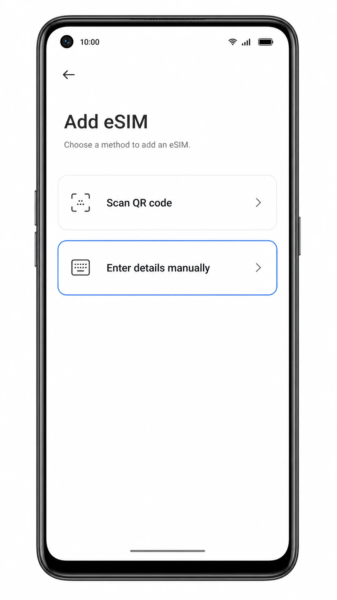 Oppo Reno 5A eSIM setup showing Enter details manually