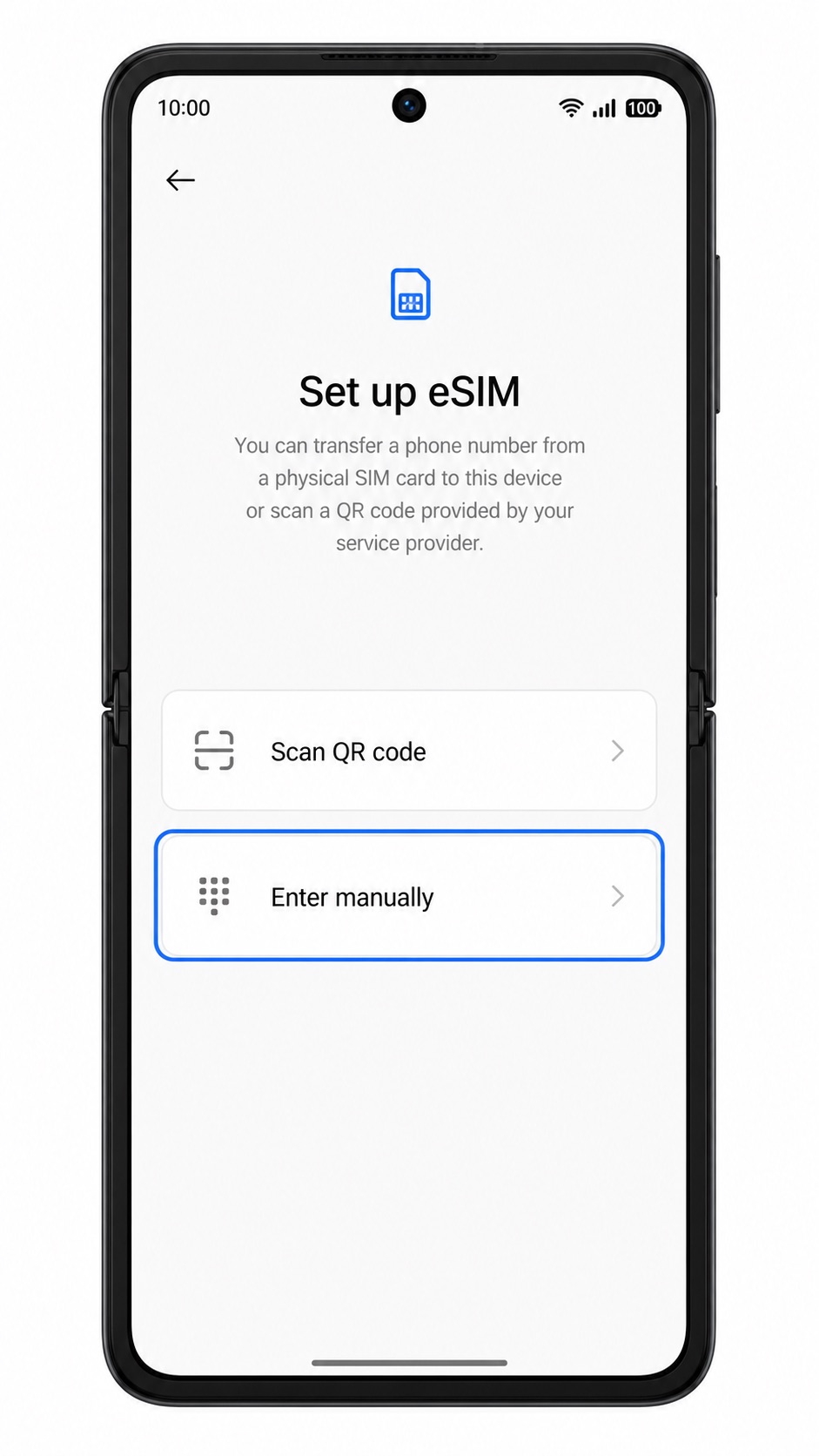 Oppo Find N2 Flip Add eSIM screen showing Enter manually highlighted