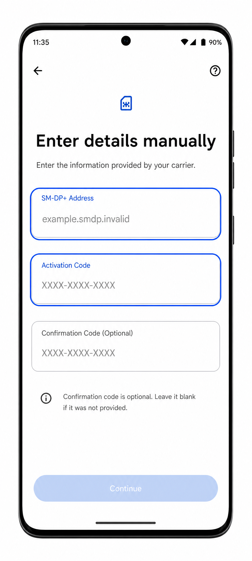 Motorola Edge 50 Pro manual eSIM entry screen with SM-DP+ Address and Activation Code fields