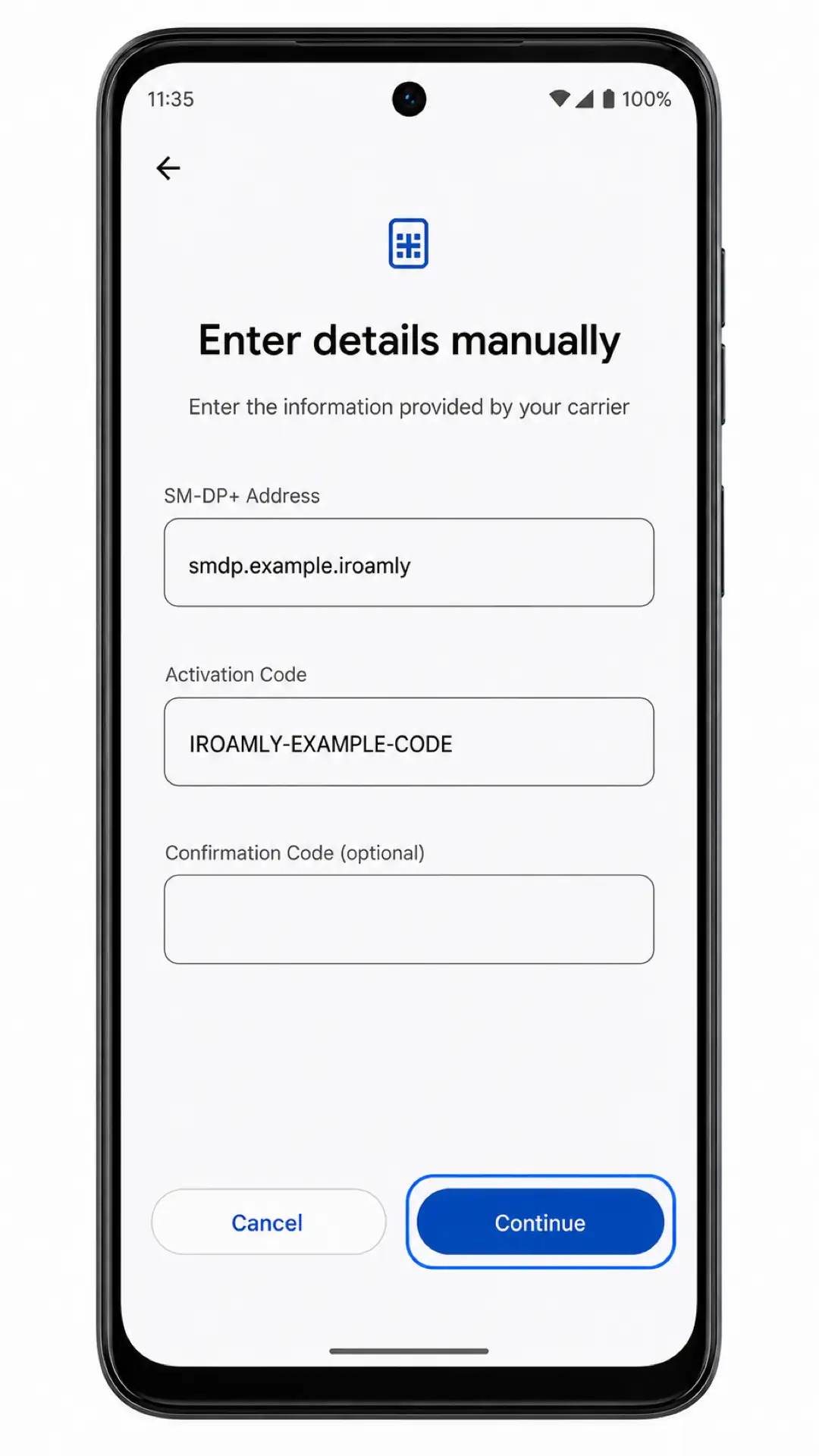 Moto G54 Power manual setup Step 5: SM-DP+ Address and Activation Code fields