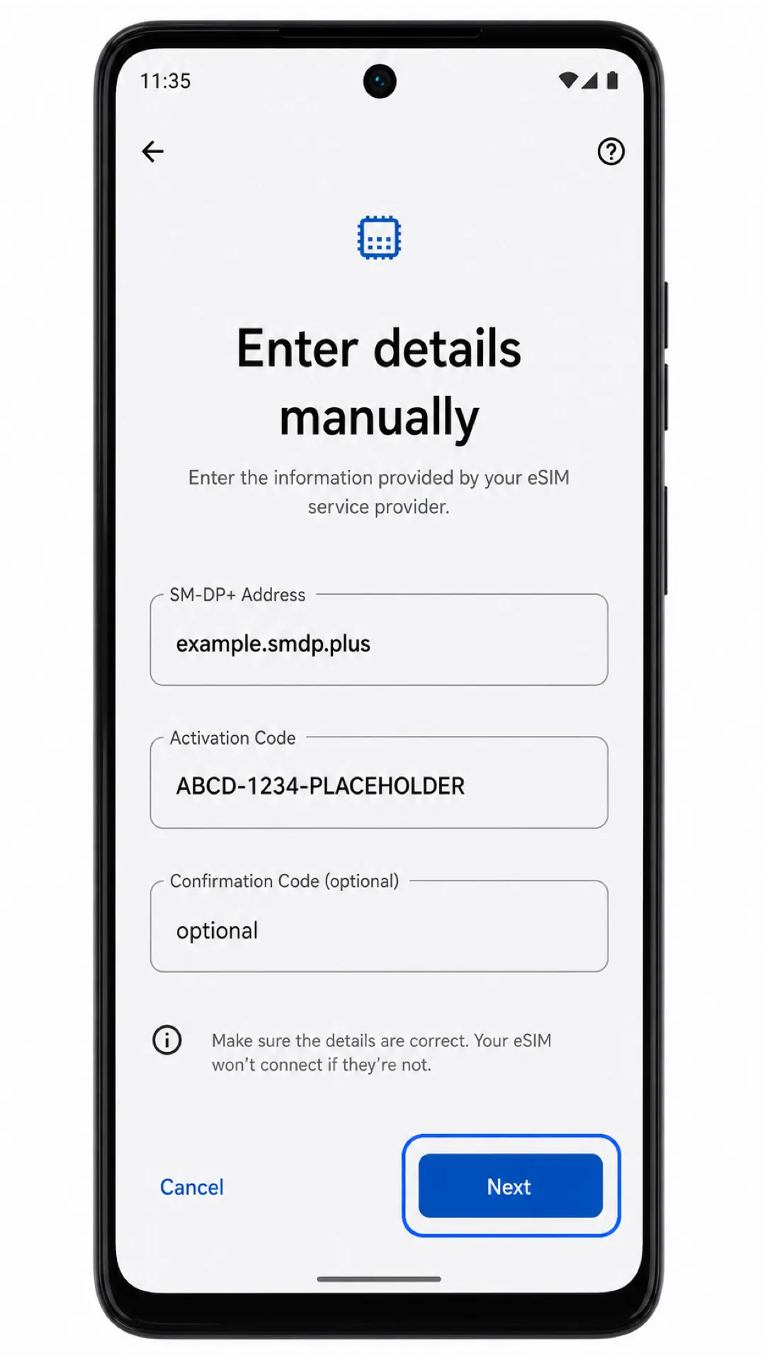 Moto G75 manual eSIM entry fields for SM-DP Address and activation code