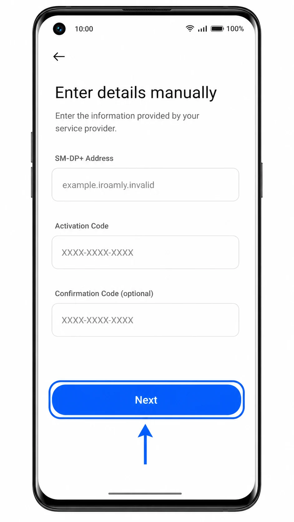 Oppo Find X3 Pro manual eSIM entry screen showing SM-DP+ Address and Activation Code fields