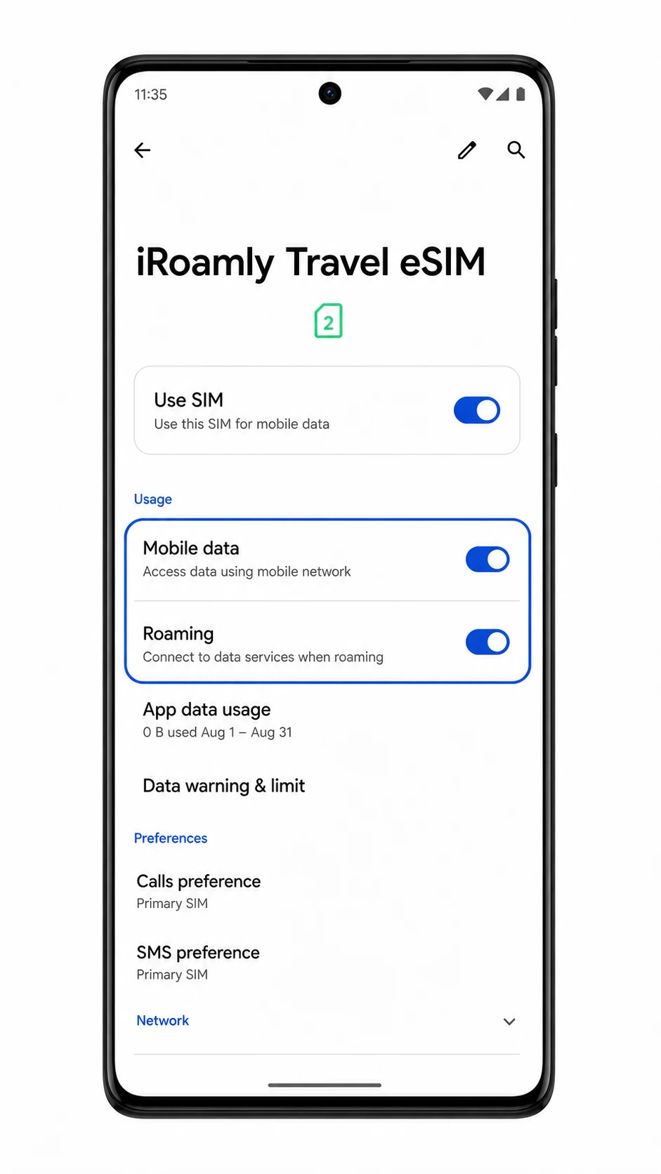 Motorola Edge 40 Pro iRoamly Travel eSIM page showing Use SIM enabled