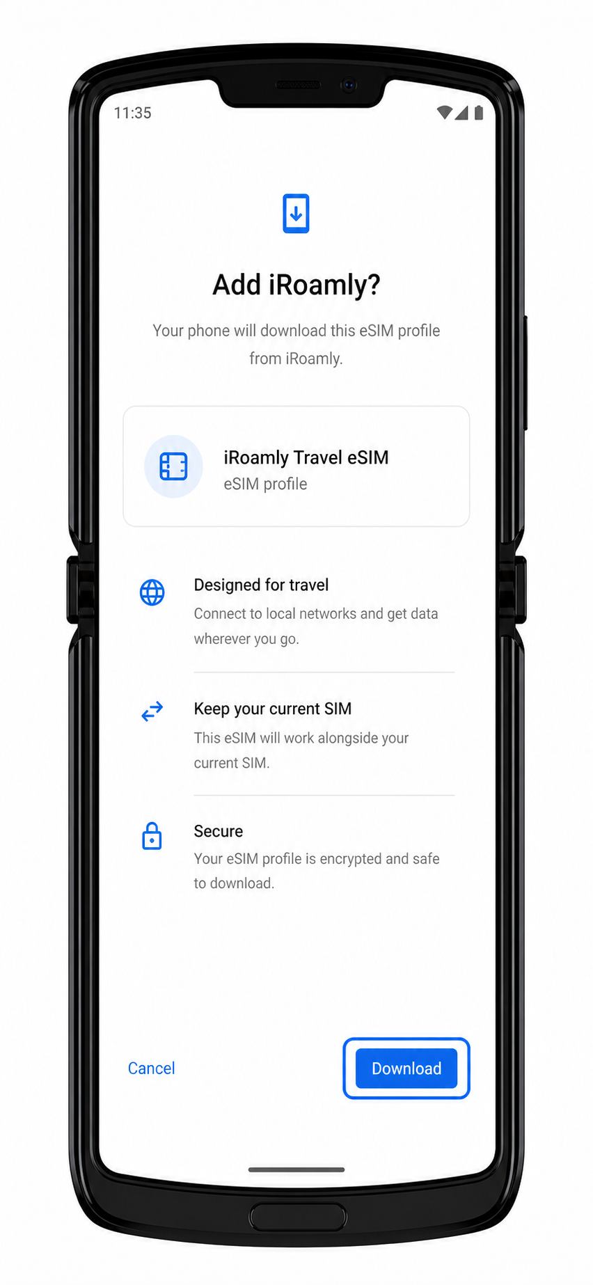 Motorola Razr 2019 Step 7: Download button highlighted for iRoamly eSIM profile