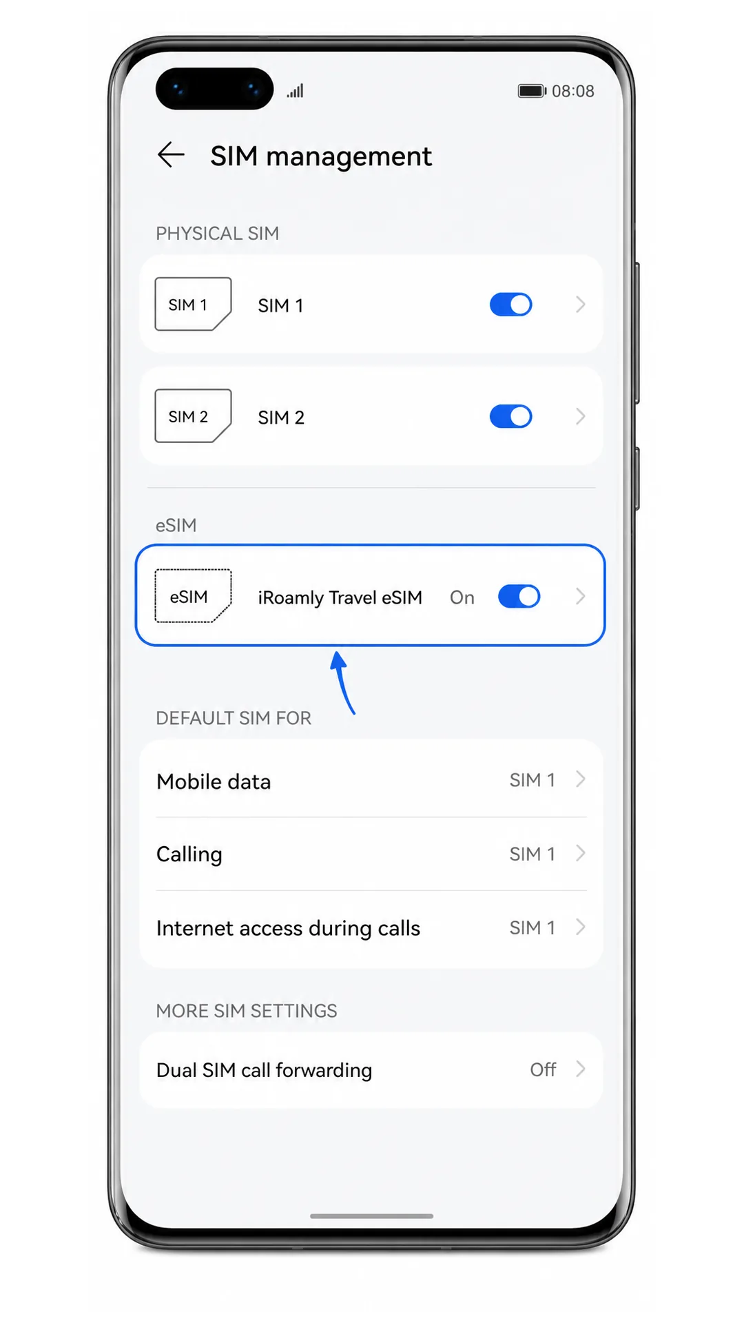 Huawei P40 Pro SIM management screen showing iRoamly Travel eSIM installed
