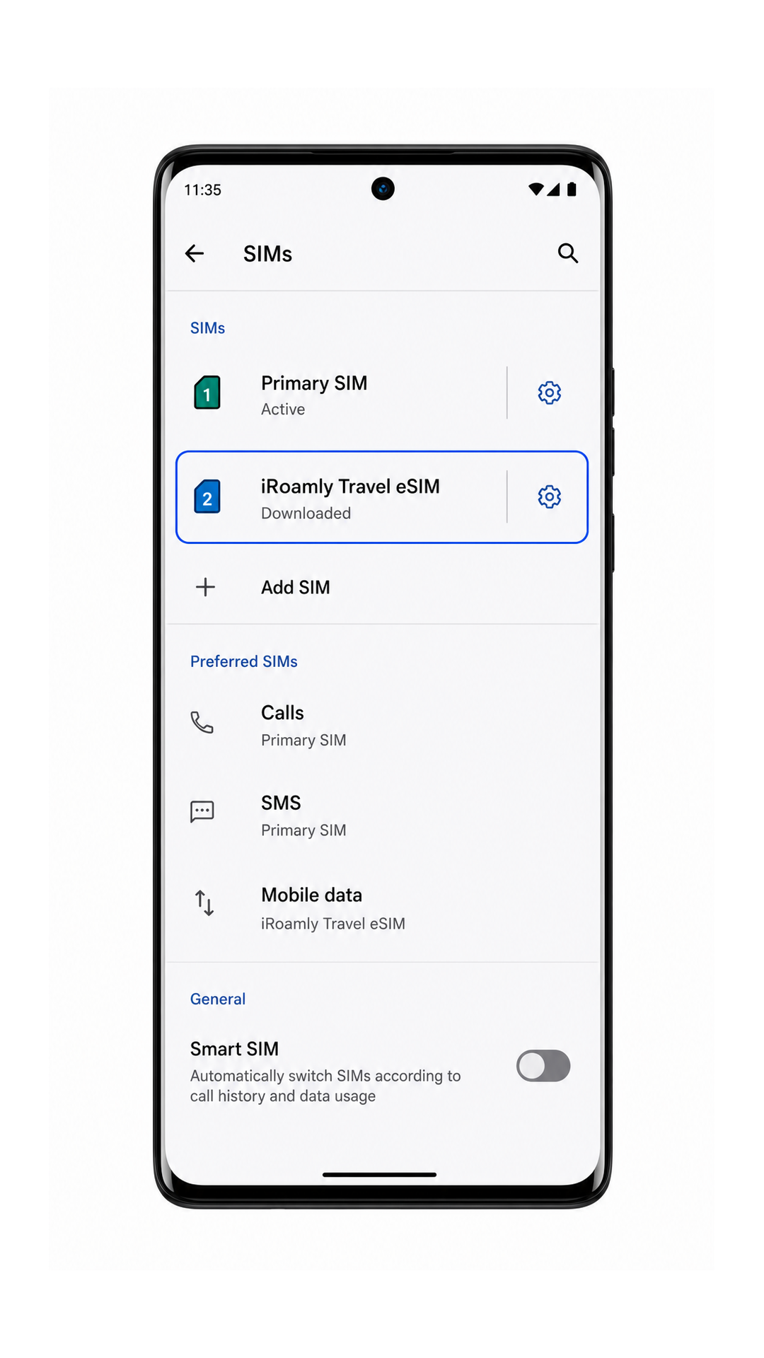 Motorola Edge 40 SIMs page showing iRoamly Travel eSIM installed