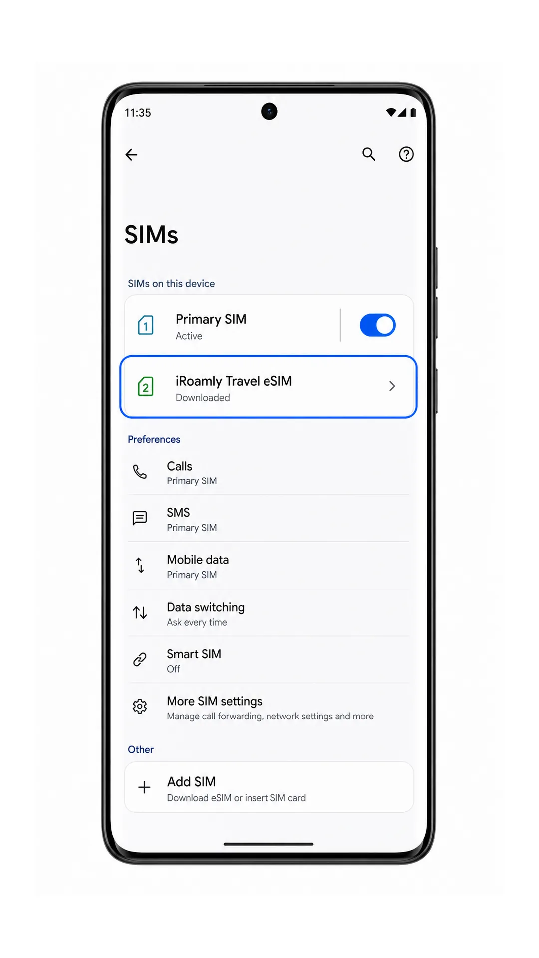 Motorola Edge 50 Ultra SIMs page showing iRoamly Travel eSIM installed