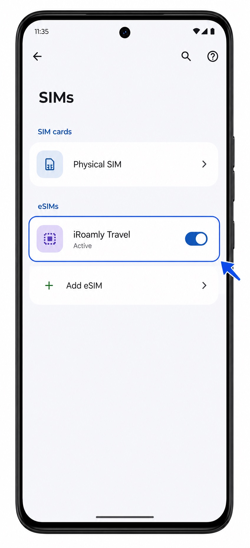 Motorola ThinkPhone 25 SIMs screen showing the iRoamly Travel eSIM installed