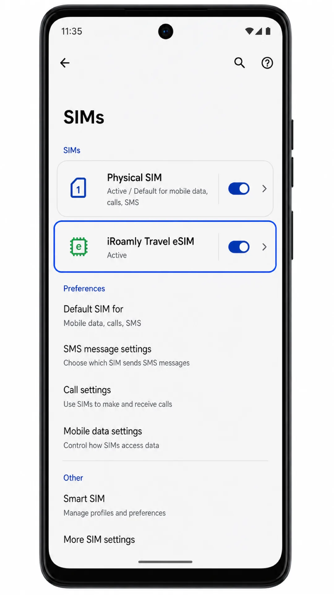 Moto G75 SIMs screen showing iRoamly Travel eSIM installed and active