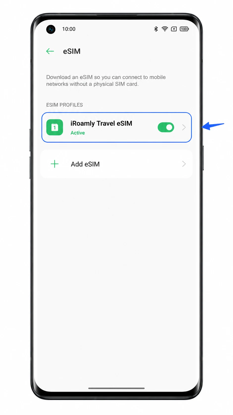 Oppo Find X3 Pro eSIM settings showing iRoamly Travel eSIM installed and active
