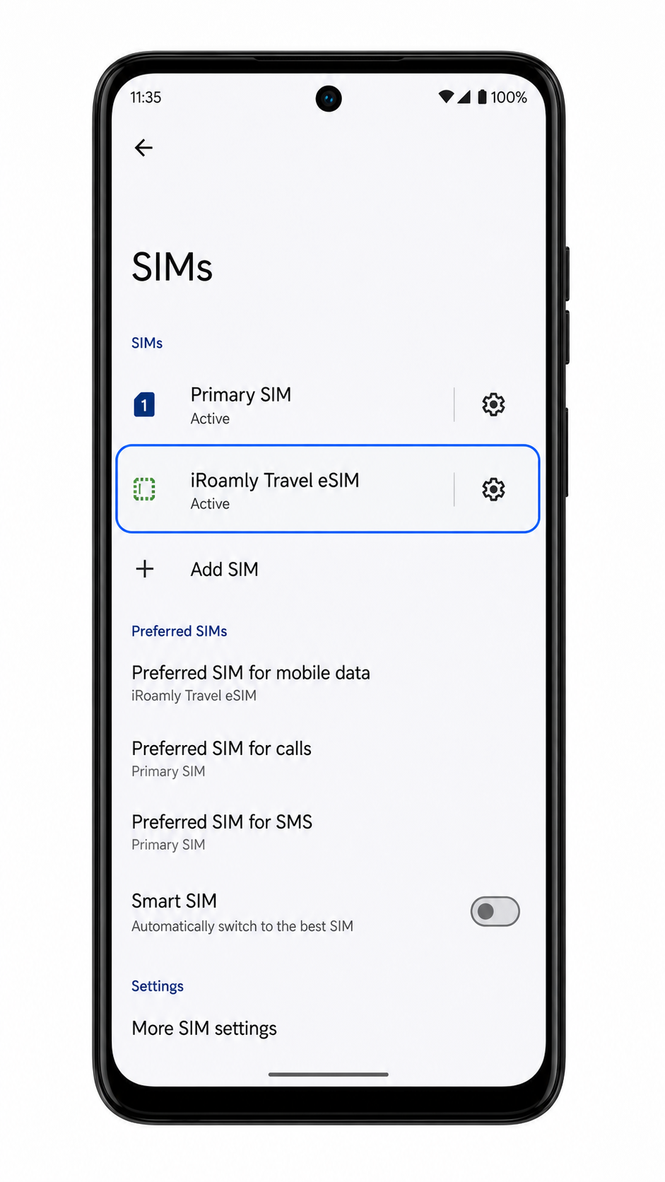Motorola Edge 2022 SIMs screen showing iRoamly installed as an eSIM profile