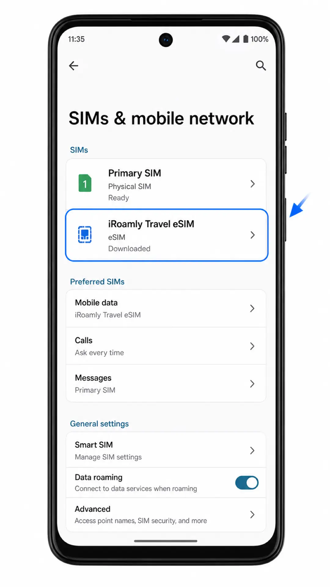Moto G54 Power confirmation Step 1: iRoamly Travel eSIM shown in SIMs & mobile network