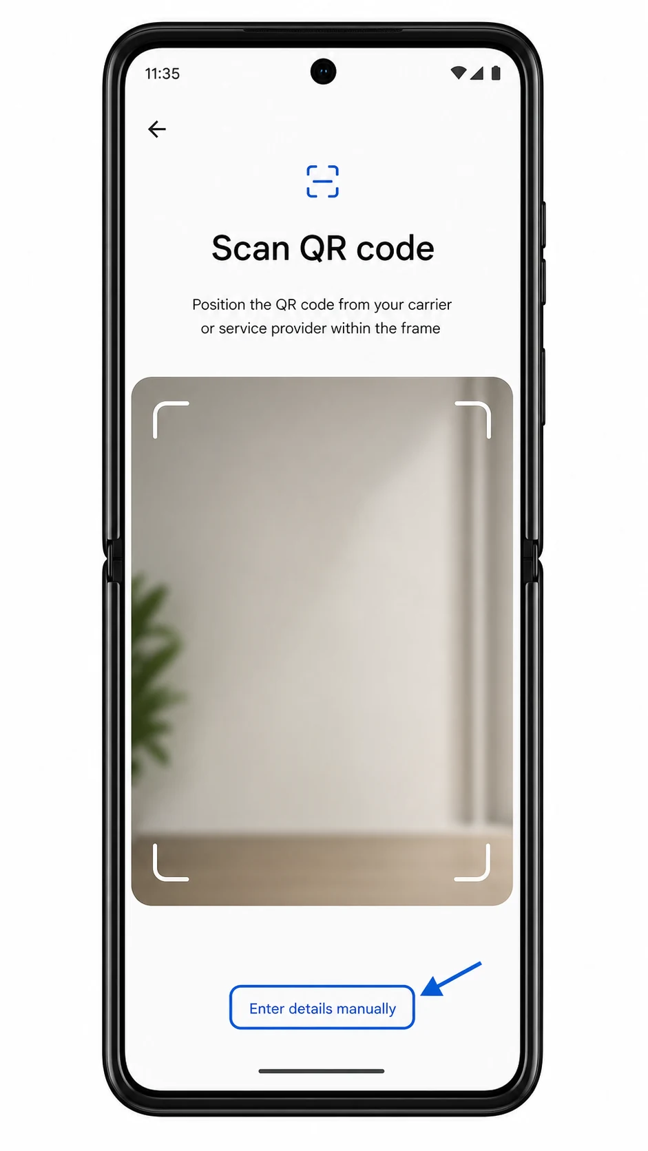 Motorola Razr 2025 QR scanner screen with Enter details manually highlighted