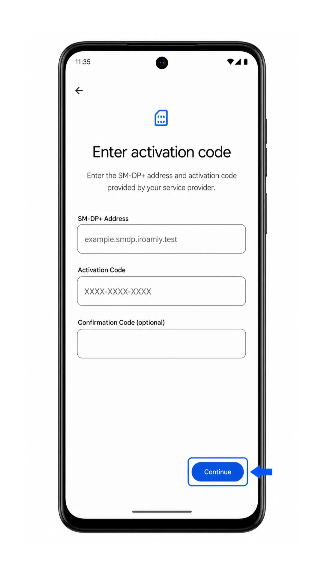 Moto G55 manual eSIM entry screen with SM-DP+ Address and Activation Code fields Moto G55 manual eSIM entry screen with SM-DP+ Address and Activation Code fields