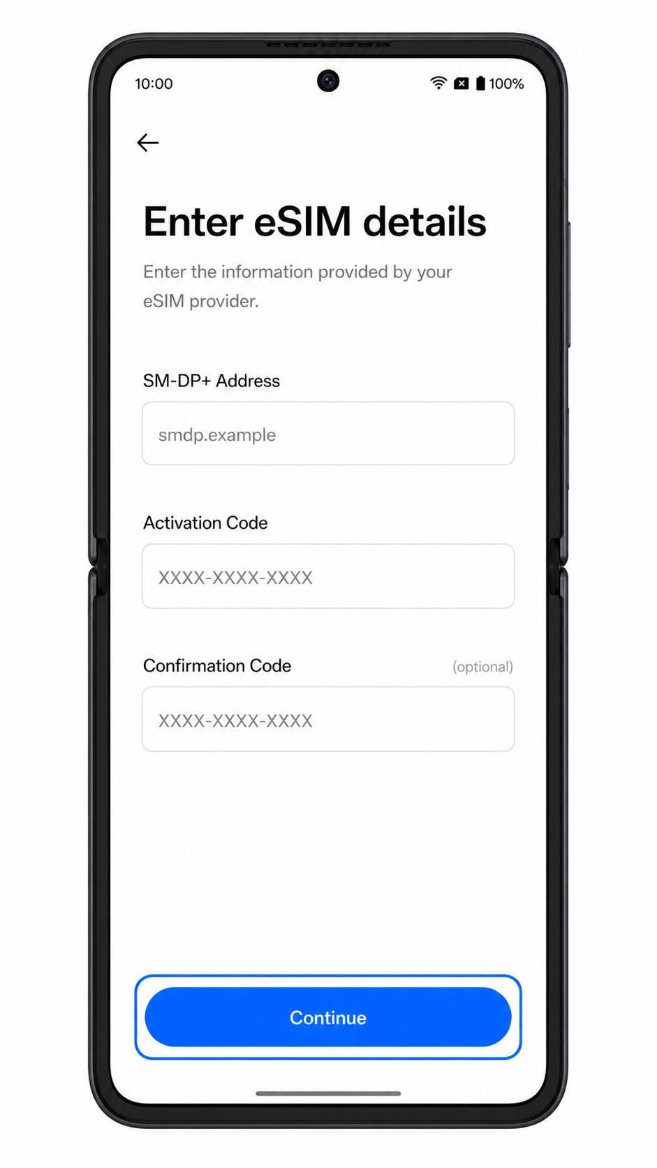 Oppo Find N2 Flip manual eSIM details screen with SM-DP+ Address and Activation Code fields