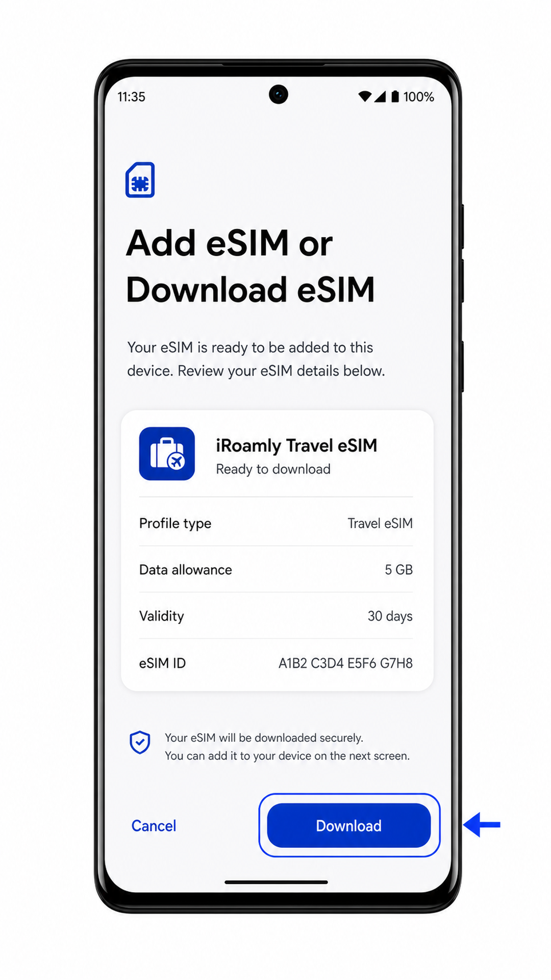 Motorola Edge 50 Fusion manual eSIM download confirmation screen for iRoamly setup