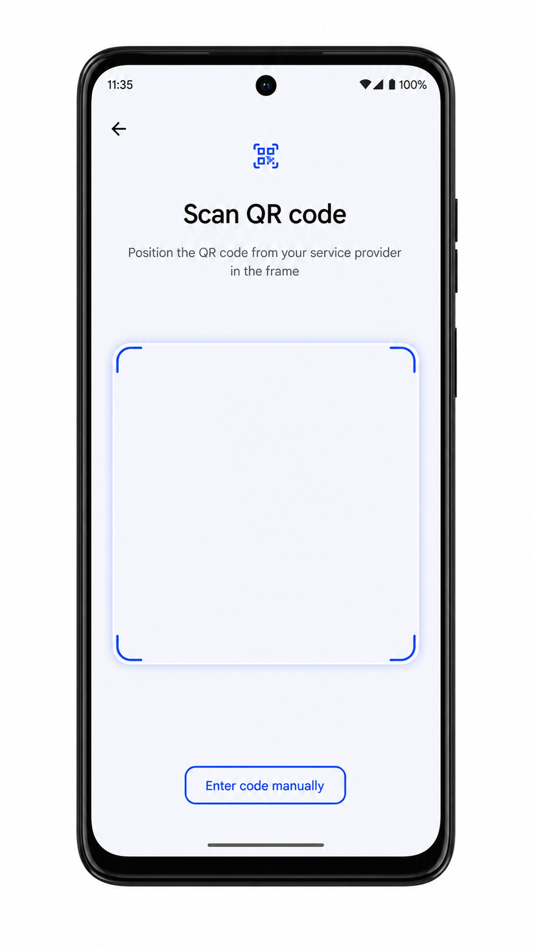 Moto G Power (2024) QR scanner screen with Enter code manually highlighted