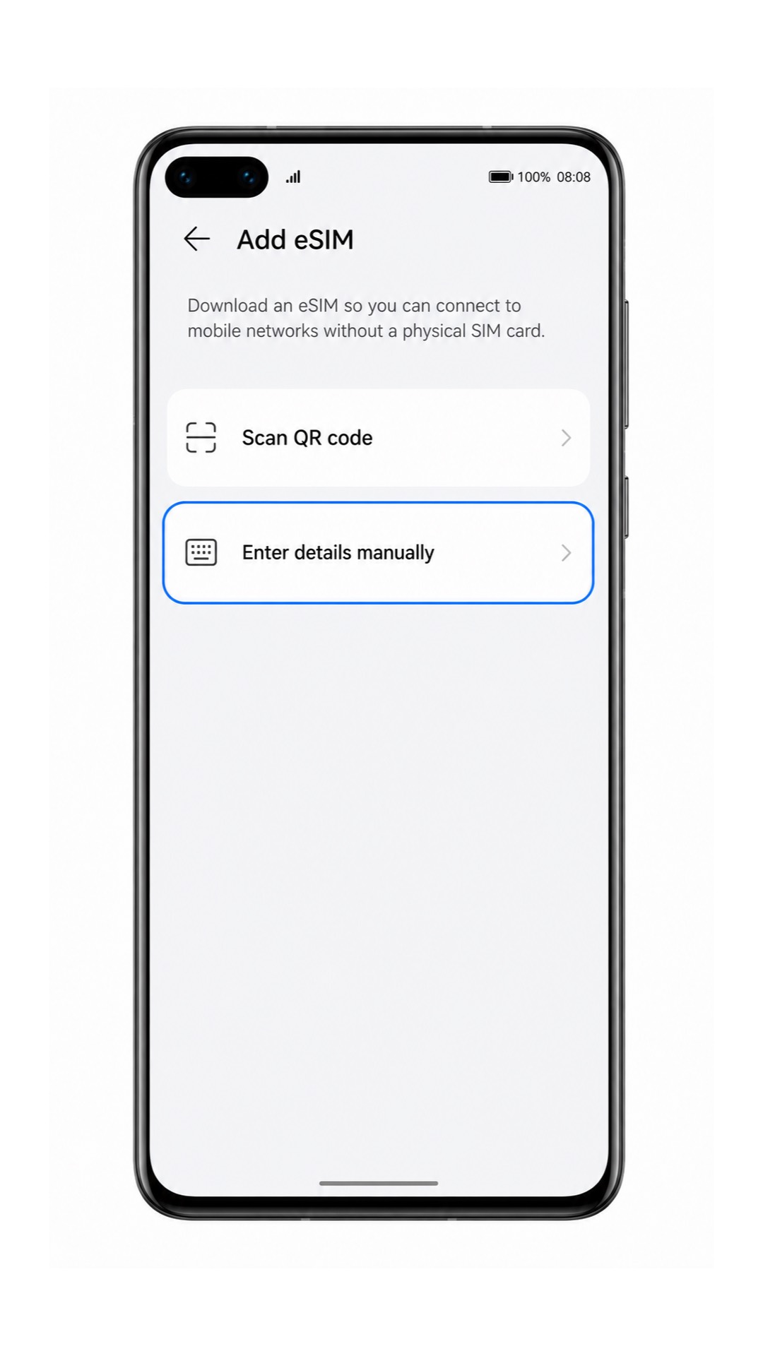 Huawei P40 Add eSIM screen with Enter manually highlighted