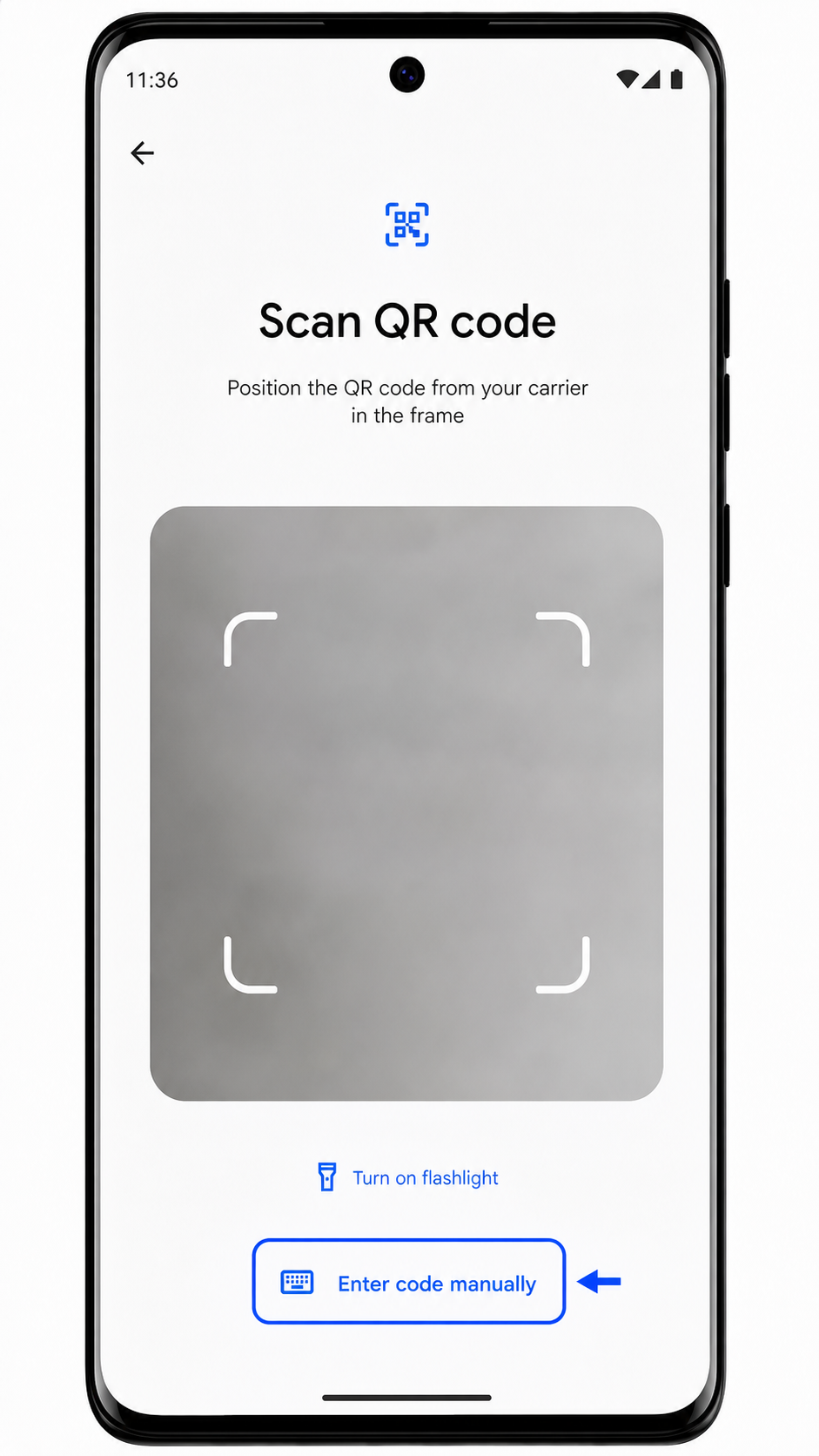 Motorola Edge 2023 QR scanner screen showing manual entry option highlighted
