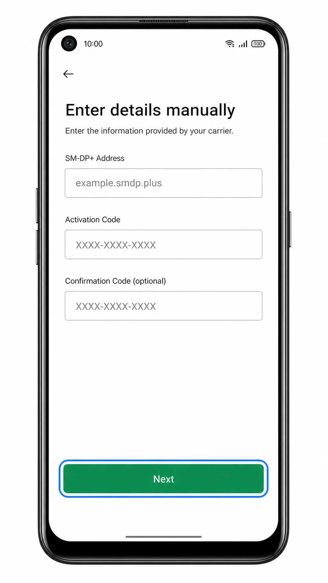 Oppo Reno 5A manual eSIM fields for SM-DP address and activation code