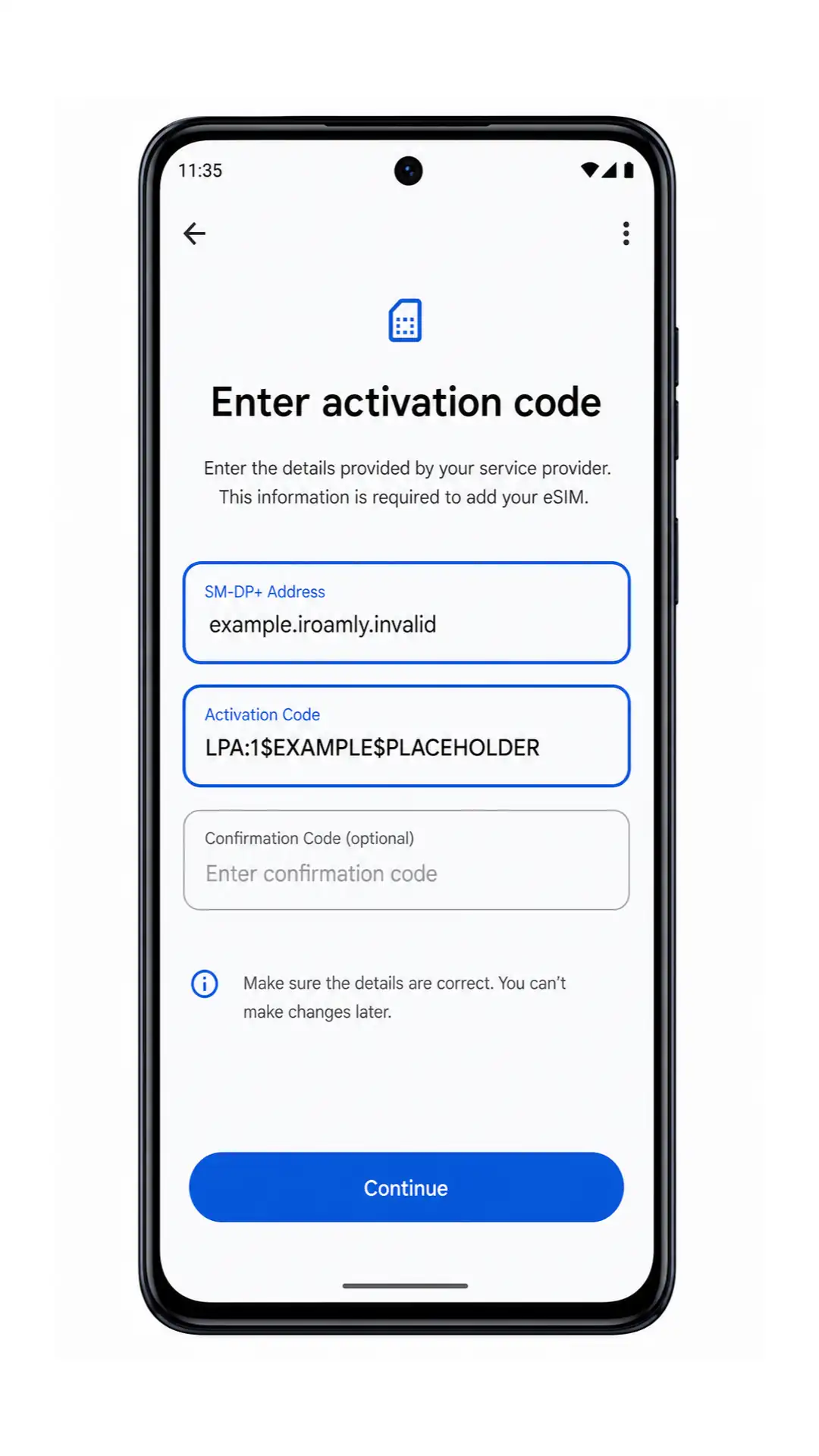Moto G84 manual eSIM entry screen showing SM-DP+ Address and Activation Code fields