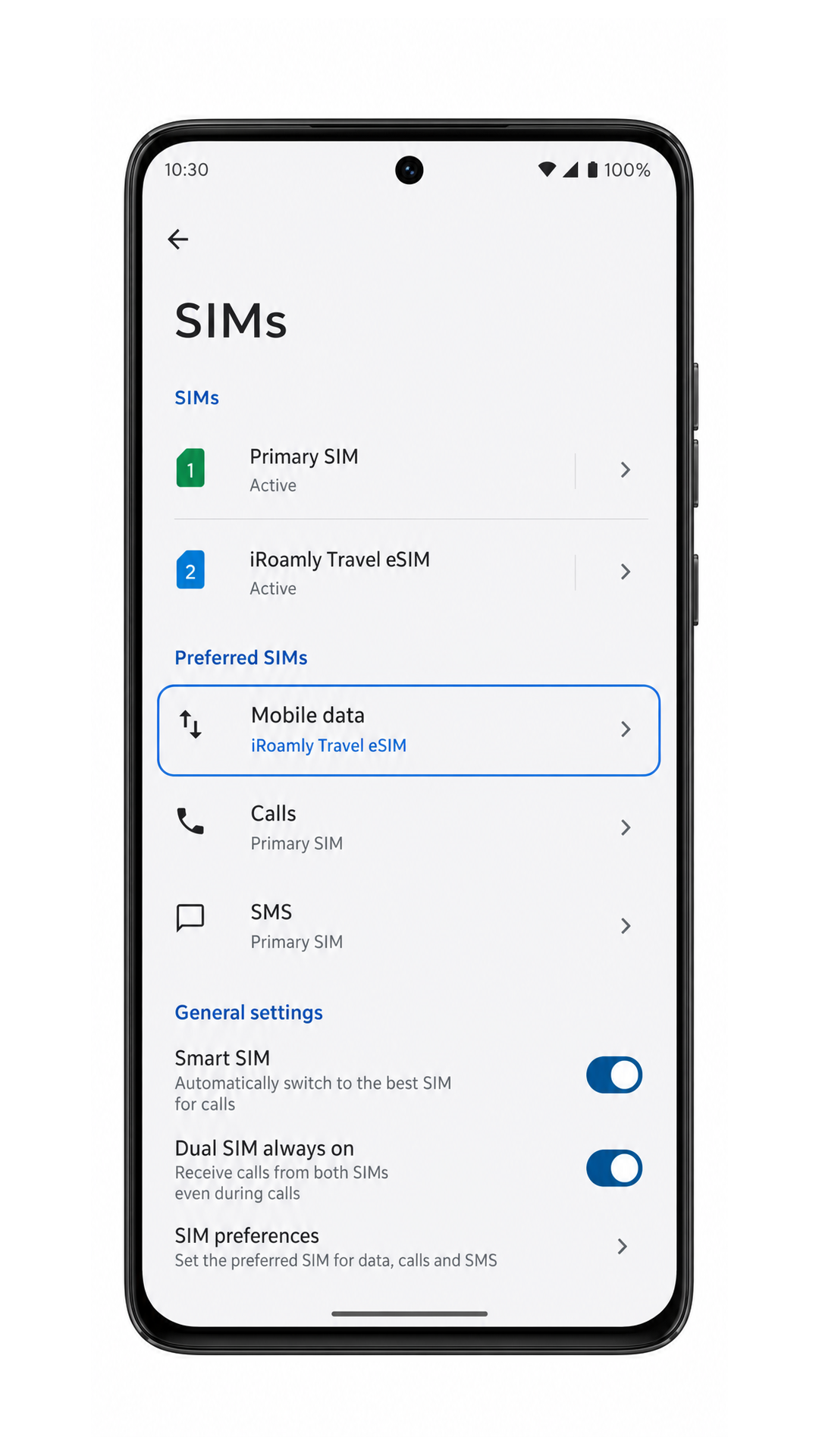 Moto G86 SIMs page showing iRoamly Travel eSIM available for mobile data