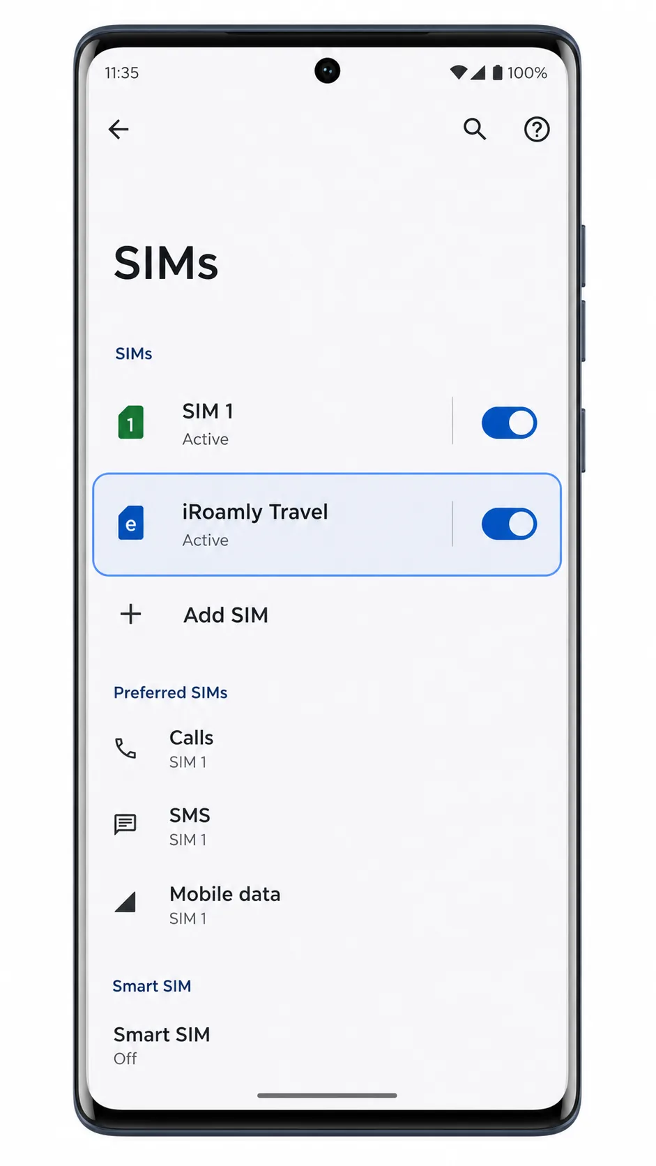 Moto G85 SIMs screen showing iRoamly Travel installed and active
