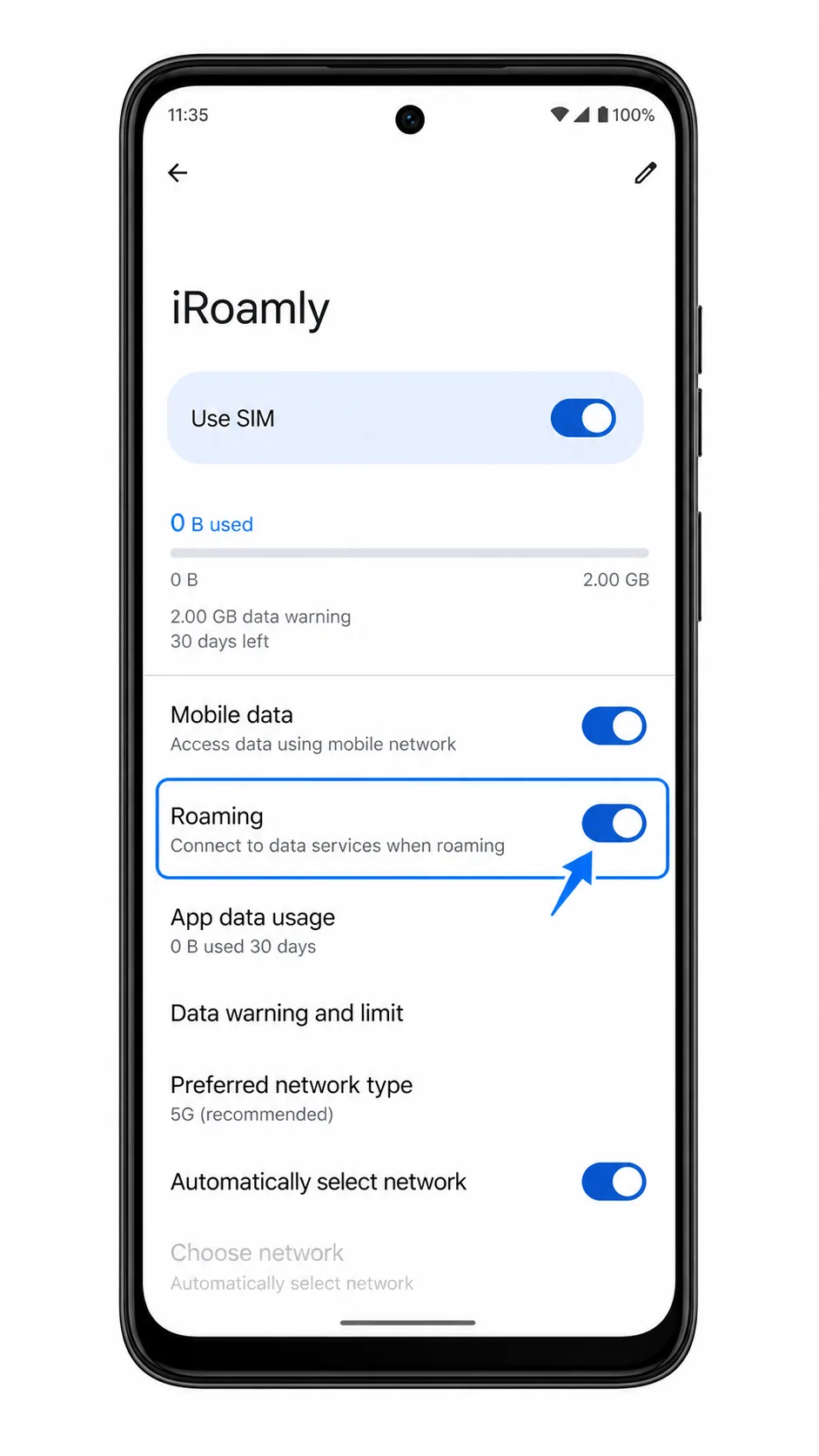 Moto G (2024) iRoamly SIM detail settings showing Use SIM and roaming options