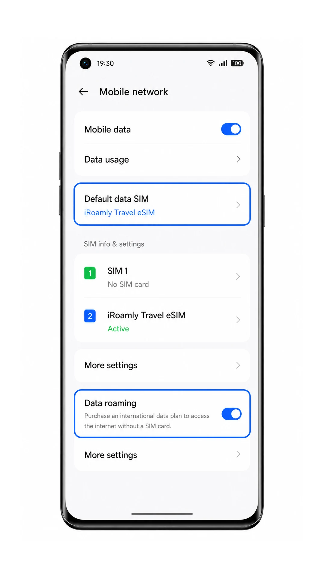 Oppo Find X5 Pro mobile data settings with iRoamly Travel eSIM selected