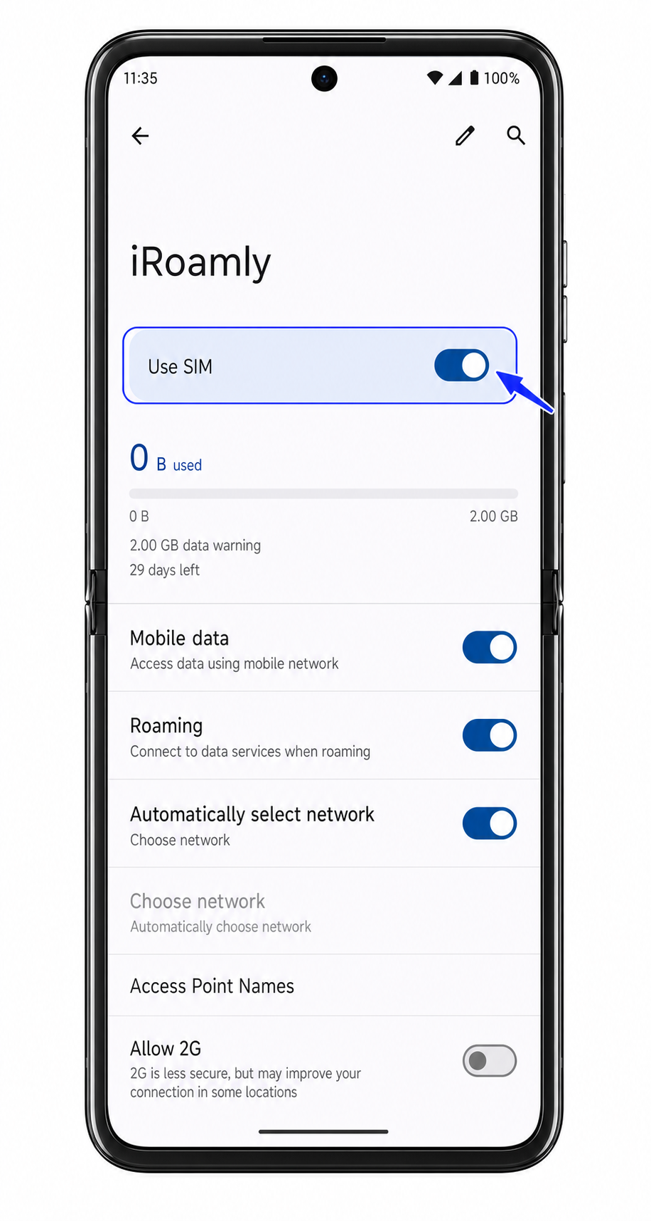 Motorola Razr+ 2024 iRoamly eSIM detail page showing Use SIM toggle