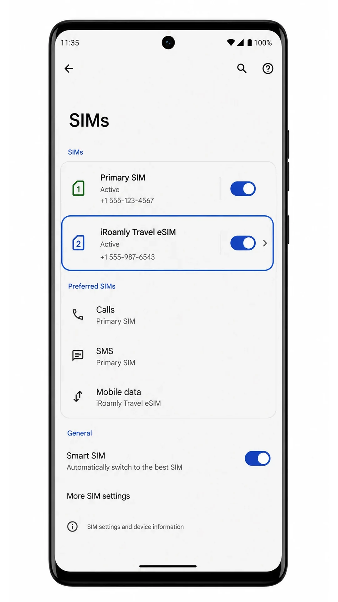 Motorola Edge Confirm Step 1: iRoamly eSIM in SIMs
