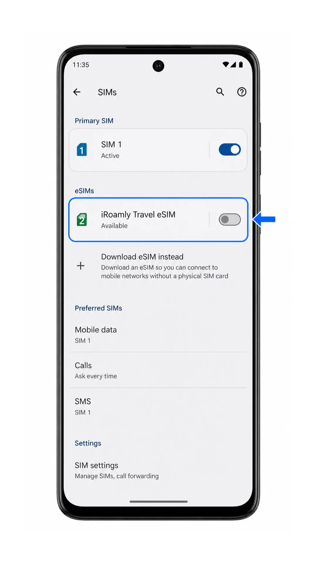 Moto G55 SIMs screen showing iRoamly Travel eSIM installed Moto G55 SIMs screen showing iRoamly Travel eSIM installed