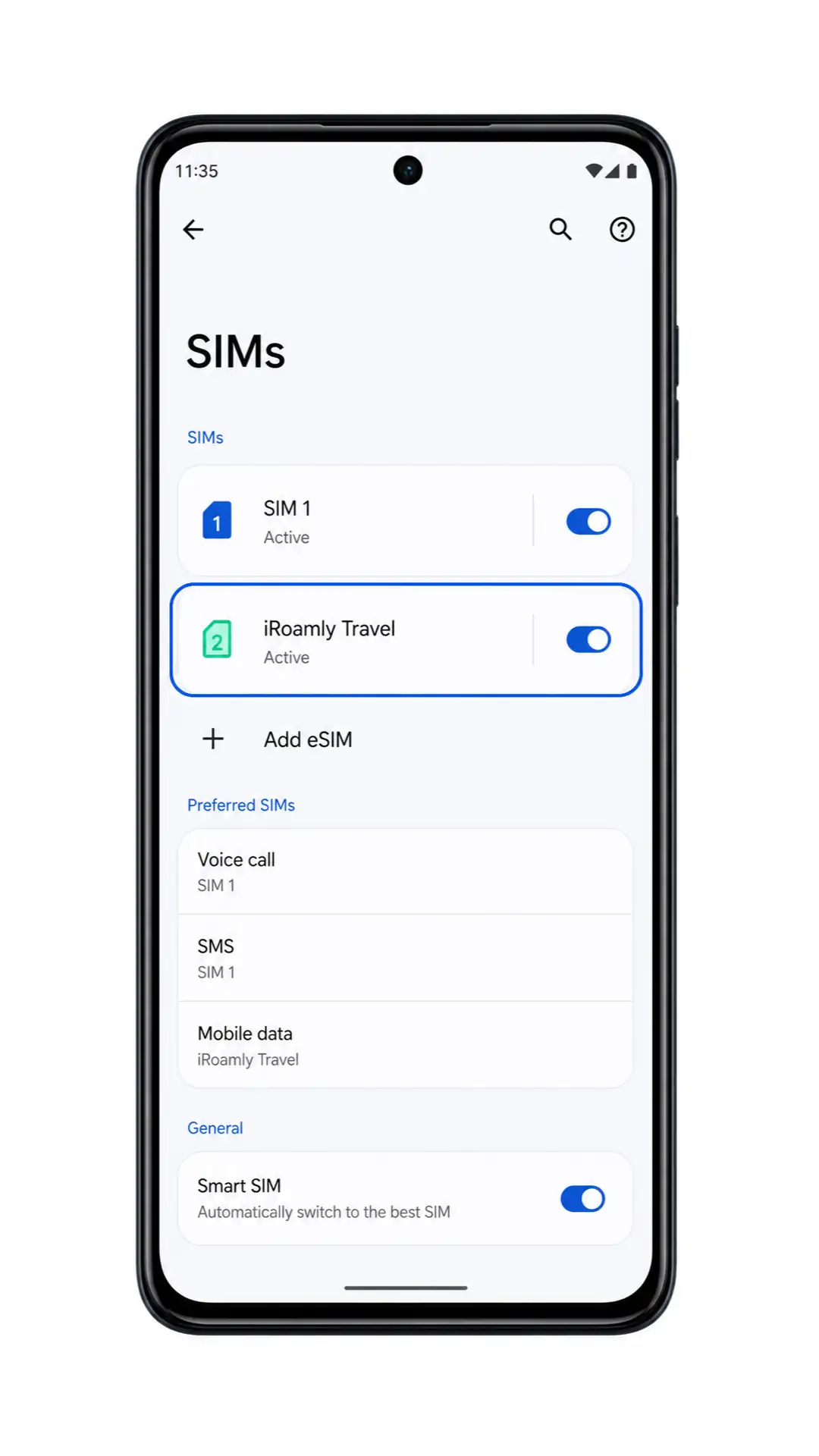 Moto G84 SIMs screen showing iRoamly Travel eSIM installed and enabled