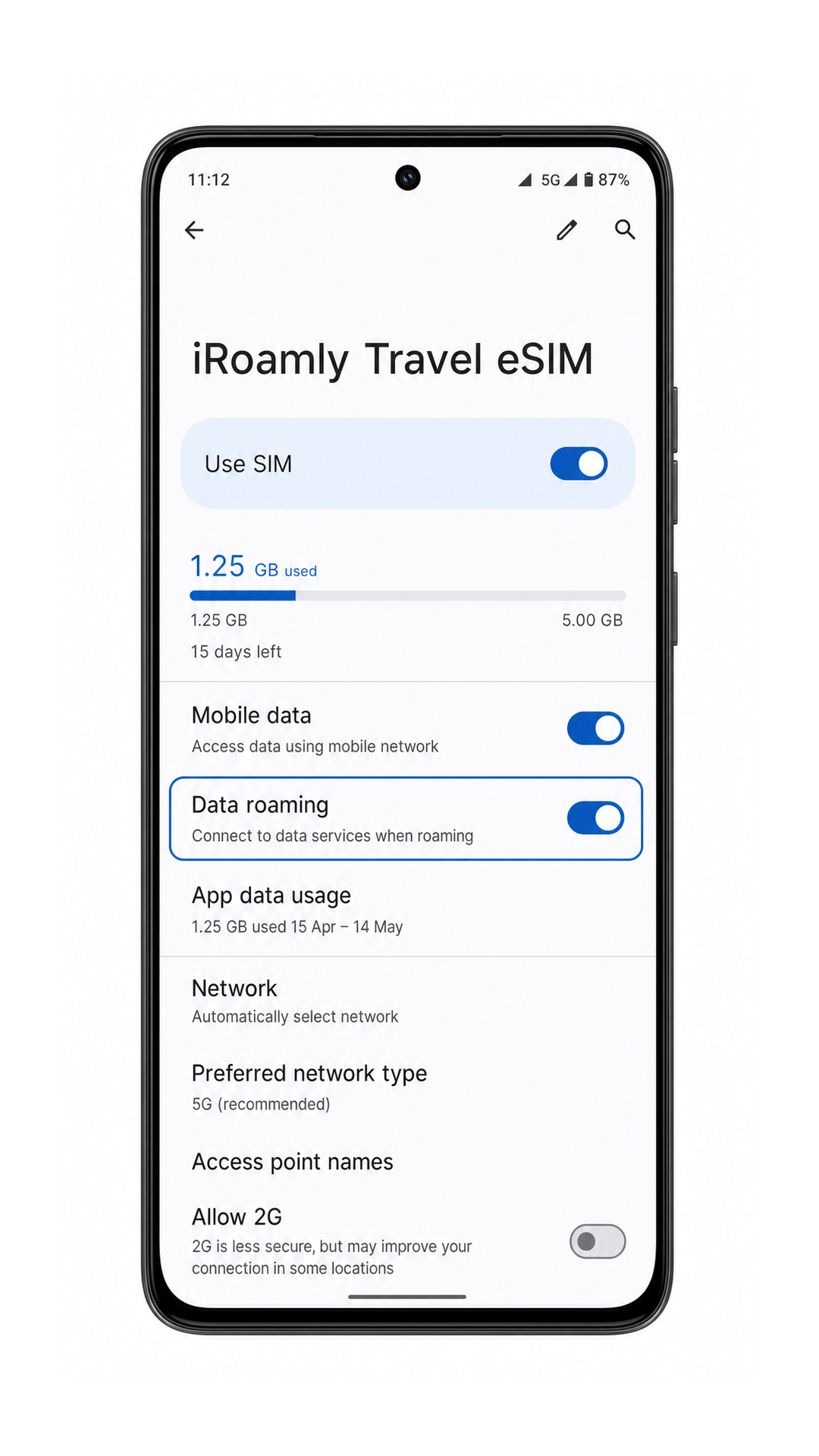 Moto G86 iRoamly Travel eSIM settings page with Use SIM and Data roaming visible