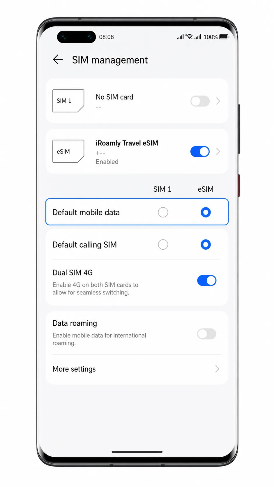 Huawei Mate 40 Pro SIM management screen selecting iRoamly eSIM for Default mobile data