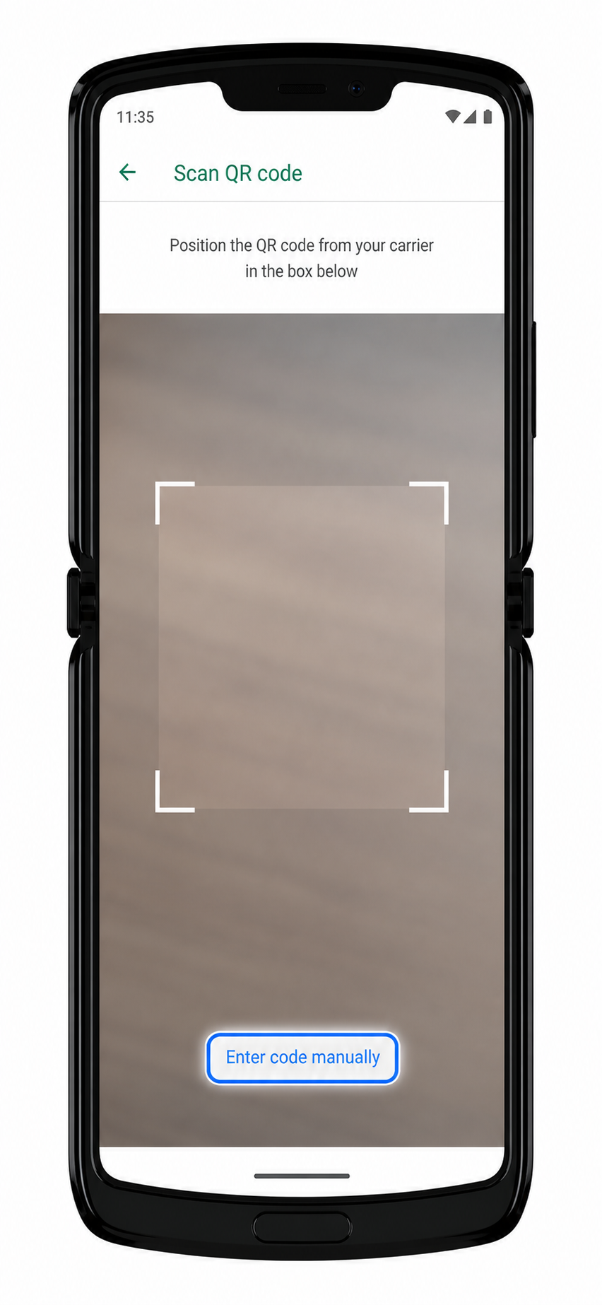 Motorola Razr 2019 Step 5 manual: Enter code manually highlighted from QR scanner