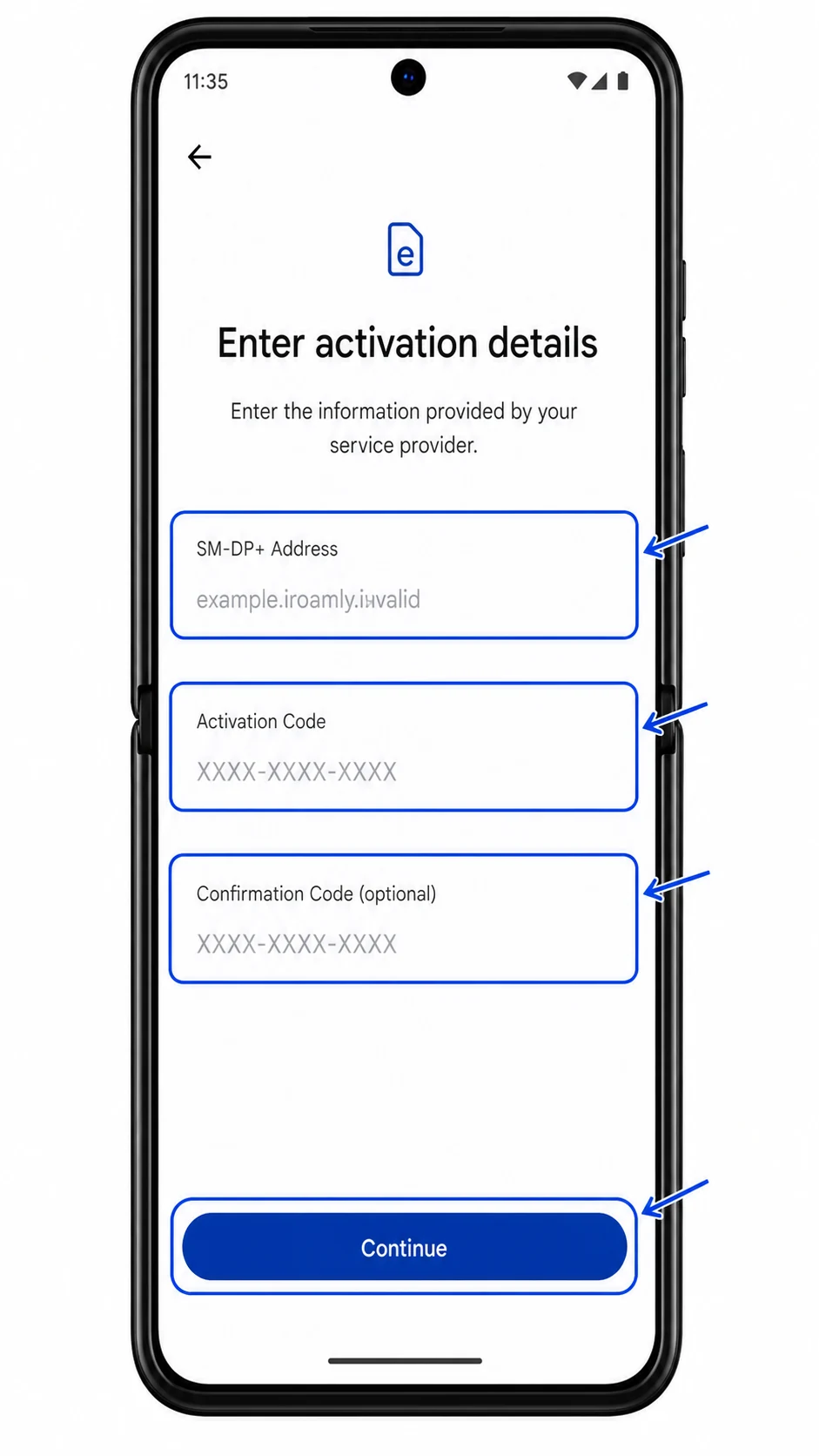Motorola Razr 2025 manual eSIM entry fields for SM-DP Address and activation code