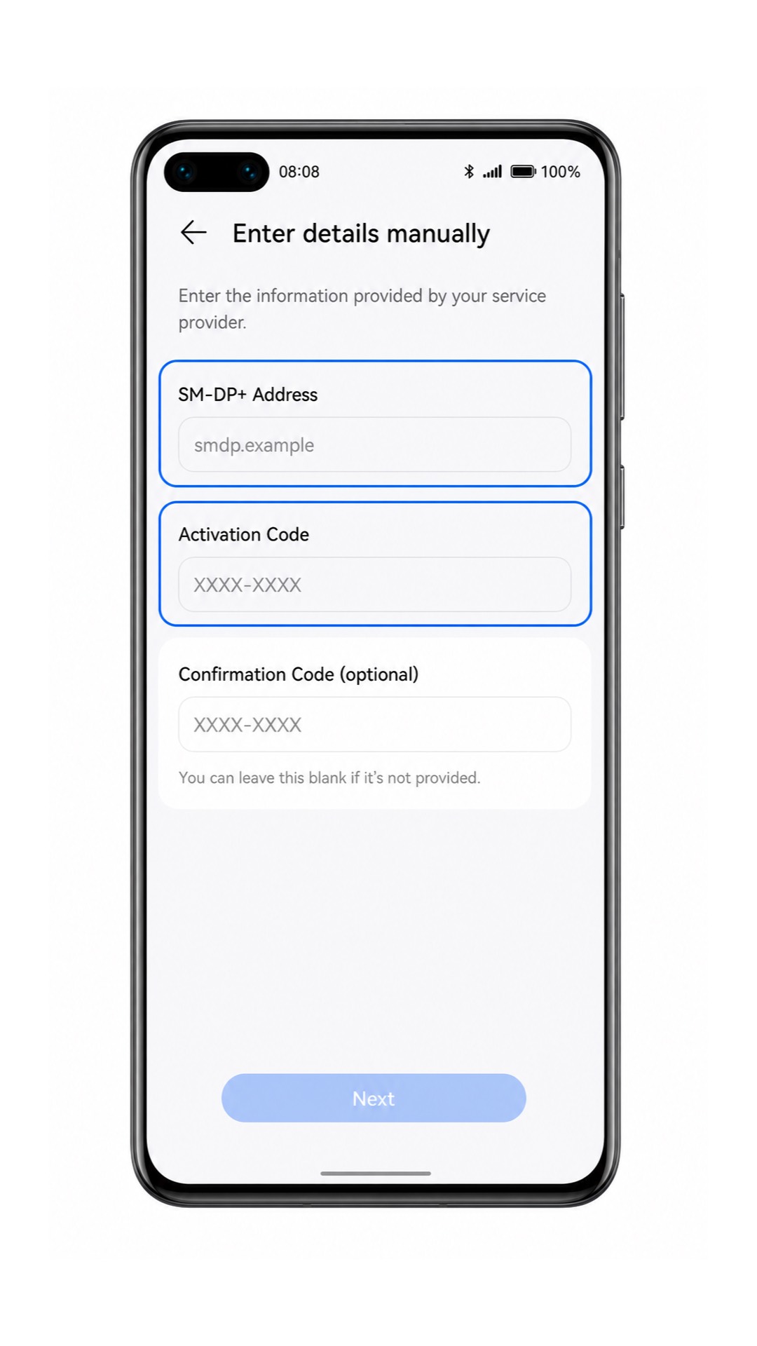 Huawei P40 manual eSIM entry screen with SM-DP+ Address and Activation Code fields