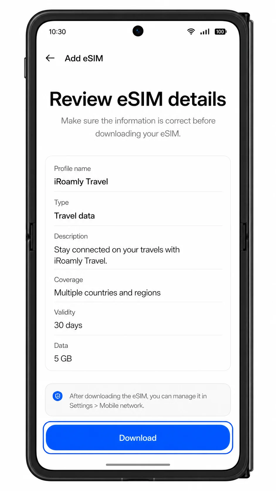 Oppo Find N3 manual eSIM review screen showing Download highlighted